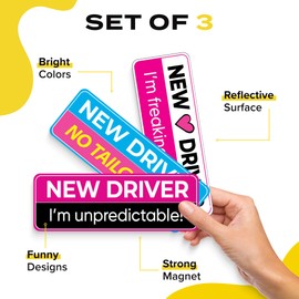 HEY-OKEY New Driver Magnet for Car - Funny Pink 3-Pack Girly Please Be Patient Reflective Magnetic Bumper Sticker Set - Removable Novice Rookie Safety Attention Sign - Weather-Resistant - 10 x 3.5 in