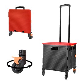 FELICON SELORSS Foldable Utility Cart Folding Portable Rolling Crate Handcart with Heavy Duty Telescoping Handle Collapsible 4 Rotate Wheels for Travel Shopping Move Luggage Office Use(Black+Red)