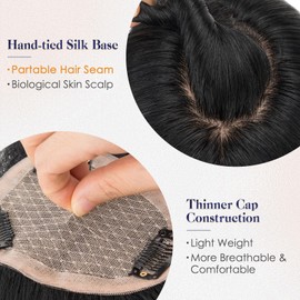 Elailite Human Hair Toppers for Women Real Human Hair Thinning Thin 9 * 12CM Silk Base Clip in Remy Hairpieces Hand-Tied 14 Inch Jet Black