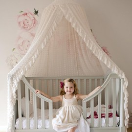 Wonder Space Elegant Kids Bed Canopy -Princess Girls Fairy Dream Tent, Nursery Room Baby Crib Hanging Curtain Mosquito Net Children Reading Nook Decoration - Color: Beige