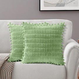 AUTOWT 2 Packs Decorative Throw Pillow Covers - 45 x 45 cm Outdoor Cushion Cases with Pom-poms - Boho Home Decor - Square Striped Corduroy Pillowcase for Couch Sofa Bed Bedroom Living Room (Green)