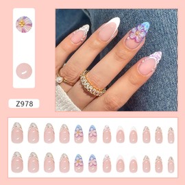 Spring Press on Almond Nails Medium Glossy Full Cover Almond French False Nails with Floral Designs Artificial Almond Shaped Fake Nails with Charms Glue Stick ons Fingernails for Women Girls(Z978)