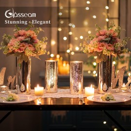 Silver Mercury Glass Cylinder Vase: Set of 12 Glasseam Floating Candle Vases for Centerpieces Deocrative Modern Vase for Flowers Hurricane Pillar Candle Holders for Table Centerpiece Wedding Decor