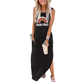 Sxkayxr Sxkayxr Women's Summer Sleeveless Maxi Dress Casual Loose Beach Good Vibes Tshirt Dresses with Pockets Black