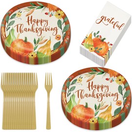 HOME & HOOPLA Giving Thanks Colorful Harvest Large Oval Paper Dinner Plates, Napkins, and Forks For Fall Parties and Thanksgiving Meals (Serves 16)
