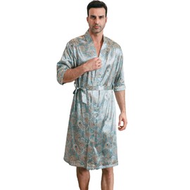 AISOMNUS Men's Satin Robe Lightweight Half sleeves Silk Kimono Bathrobe with Shorts Set Sleepwear