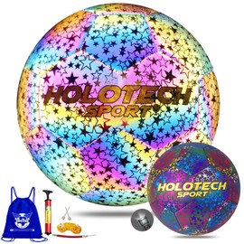 Balón de fútbol holográfico reflectante de piel sintética, con luz en la cámara flash para juegos nocturnos, entrenamiento y regalos para niños y niñas (tamaño juvenil 4) con bomba
