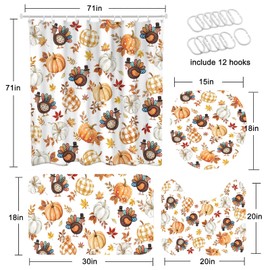 Lindameler 4pcs Fall Thanksgiving Shower Curtain Set Autumn Harvest Pumpkins Turkey Shower Curtain with Non-Slip Washable Bath Rugs, Toilet Lid Cover for Thanksgiving Bathroom Decor Accessory
