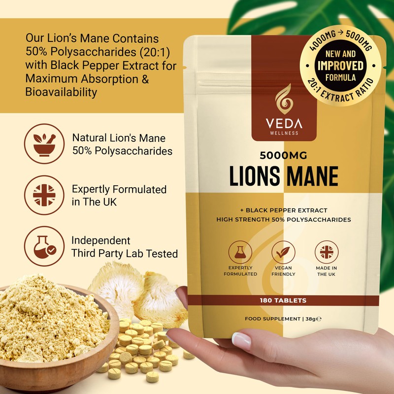 Pure Lion's Mane Extract 5000mg - 50% Polysaccharides, Lab Tested,