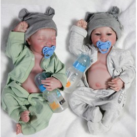 PYD 18" Realistic Newborn Baby Dolls Full Body Vinyl Silicone Reborn Boy Doll Bath - Twins boys