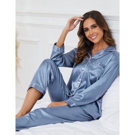 GAESHOW Womens Pajamas Set Silk Long Sleeve Sleepwear Button Down Satin 2 Pieces Pjs Loungewear Gray Blue