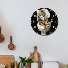 godblessign Cat On The Toilet with Newspaper Clock Funny Cat 12 Inch Wooden Wall Clocks Battery Operated Silent Farmhouse Men Cave Living Room Decor Gift for Man Woman Friend Anniversary