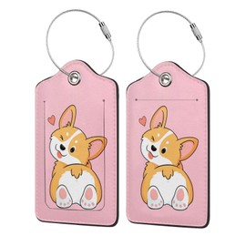 2P Light Pink Cute Corgi Cartoon Animal Dog Pet Luggage Tags Privacy Cover ID Label with Stainless Steel Loop and Address Card for Travel Bag Suitcase Funny Cute Man Women Kids