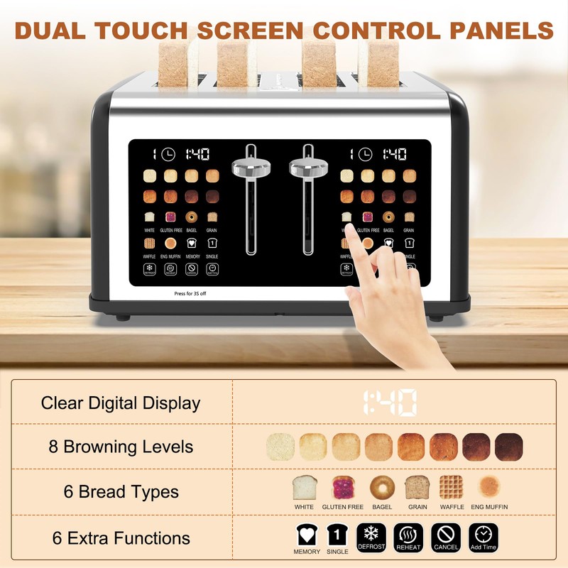 4 Slice Toaster Touch Screen, Stainless Steel Toasters Digital Timer,