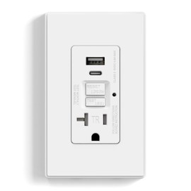 ELEGRP GFCI Outlet with USB Ports, 20 Amp Self-Test GFCI Combination with USB Ports, 24W Max Total Output, Tamper Resistant GFCI USB Outlet with Wall Plate, UL Listed, Matte White, 1 Pack