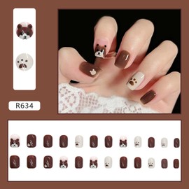 Short Length Press on Nails, Artificial Acrylic Fake Nails for Women, 24PCS Full Cover Reusable False Nails Kits, Cute Bear Nails Design, Glue on Nails Fake Nails for Nail Art