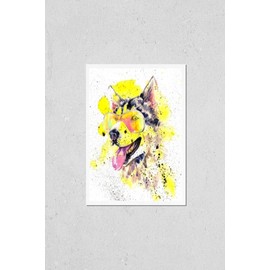 Poster Reproduction of Watercolor siberian husky dog in cool sun glasses and bright yellow splashes. Sheepdog smiles and show her big tongue. Caucasian dog. Close up portrait. Cute alaskan pet