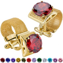Birthstone Gold Tone Cufflinks for Men with Chain Shirt cuff links Wedding Business Birthday Christmas Gifts for Men