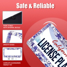 Blue Willow Porcelain Chinoiserie Inspiration License Plate Frame Plate Beautiful Holder Stainless Steel Auto Parts License Plate Decoration with Screws Size 12.3" x 6.3" Men Women