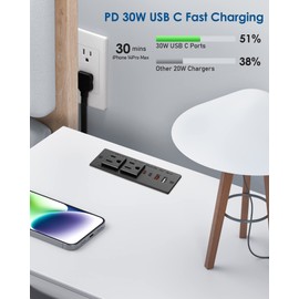 Recessed Power Strip with 30W USB C,Ultra Thin Flat Plug Power Strip,2 Outlets 4 USB Ports,Furniture Flush Mount Desk Outlet,Recessed Outlet for Side Table/Sofa Table,6ft Cord (Black)