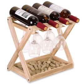 WDSHIYI Wine Rack – 4 Bottles and 6 Stemware Wooden Wine Racks Countertop for Kitchen, Cellar, Office, Bar – Luxurious Wine Bottle Storage for Standard Bottles Holder Stand