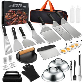 GrillChef 35PCS Griddle Accessories Kit, Grill Utensils Tools for Outdoor Camping Barbecue, Stainless Steel Spatula Set with Burger Press, Basting Cover & Glove in Carrying Bag, Grilling Gift Men
