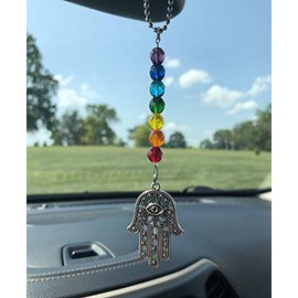 ChakraMid Hamsa Hand, Hand of Fatima Car Charm, 7 Chakra Colors Czech Glass Beaded Rear View Mirror Hanging Ornament, Car Interior Decoration, General Use