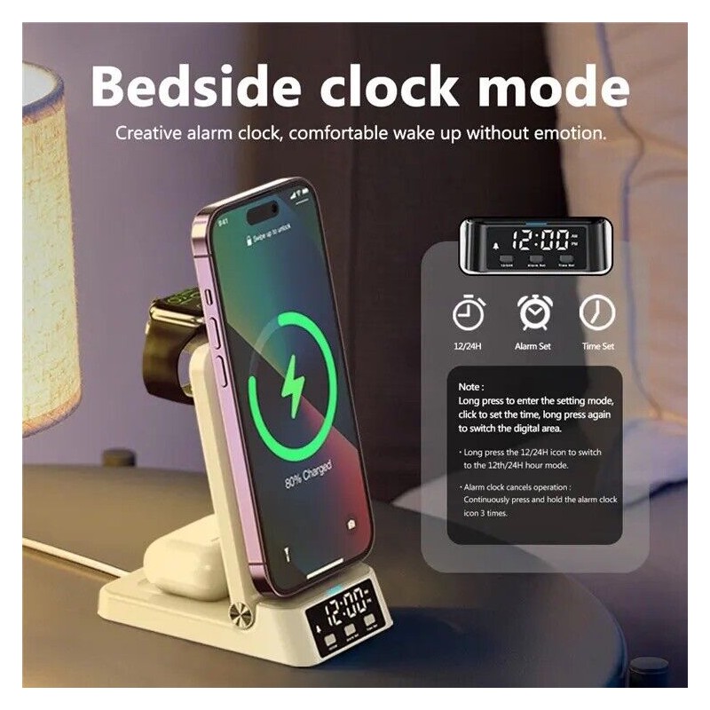 A60 4 in 1 Foldable Wireless Charging Station with Alarm