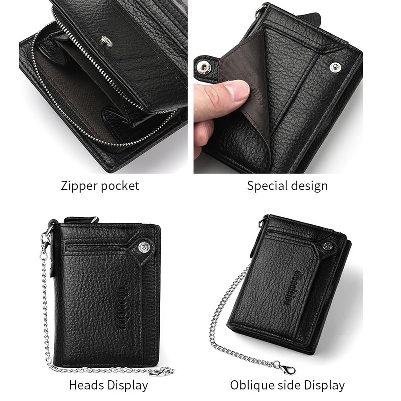 Men Wallet with Chain Vegan Faux Leather Bifold Wallet for