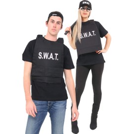 WickedFun® Adults Unisex Police Swat Team Fake Bulletproof Vest & Hat Set - Mens Womens Police FBI Military Style Fancy Dress Costume Accessories (Black, One Size)