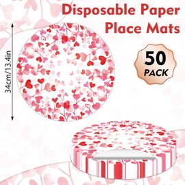 Pink Love Heart Paper Placemats Disposable 50 Pack Valentines Day Place Mats 13.4 Inch Round Decorative Heart Love Table Mats for Wedding Valentine's Day Anniversary Party Supplies