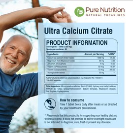 Pure Nutrition Ultra Calcium Citrate 1000mg Highly absorbable Calcium Supplement with Calcium Citrate Malate,Vitamin D,Zinc and Magnesium-1 Tablet Daily (90 Veg Tabs) Non-GMO |Gluten-Free-(Pack of 3)