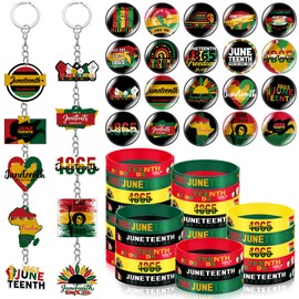 Kenning 300 Pcs Juneteenth Party Supplies Favors Include 100 Happy Juneteenth Silicone Bracelets 100 Badge and 100 Acrylic Keychain for African American 1865 Independence Day Parade Party Gifts