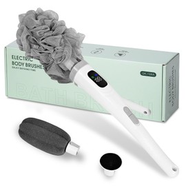 Goldium Electric Body Brush Back Scrubber for Shower - 3 in 1 Waterproof & Rechargeable with Long Handle, 3 Heads & 2 Speeds for Foam Generating, Cleansing, Exfoliating, Foot Callus Remover