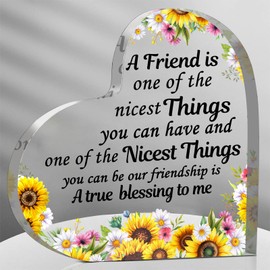 Gift for Friend Friendship Gifts for Women Friend, 3.9x3.9 Inch Acrylic Heart Sunflower Keepsake Gifts for Friends Birthday Christmas Thanksgiving Desk Decor for Home Office Table