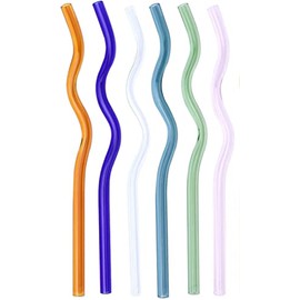 Nipogear 8mmx200mm wavy high borosilicate transparent colored high borosilicate glass straws for beverages, coffee, milk and tea straws. (Color-Random,6pcs)