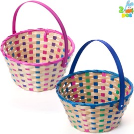 JOYIN 2 Pcs Easter Bamboo Plaid Basket, Blue & Pink Round Bamboo Woven Goodie Basket with Folding Handle, Empty Gift Basket for Easter Egg Hunt, Kids Easter Party Treats Picnic & Favors