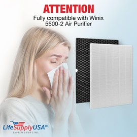116130 HEPA Filter H Replacement Compatible with Winix 5500-2, AM80, 5510, 5520 Air Purifiers -True HEPA + Activated Carbon Filter by LifeSupplyUSA (2-Pack)