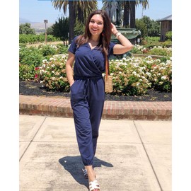 PRETTYGARDEN Women's Summer Casual Deep V Neck Short Sleeve Wrap Drawstring Waist Jumpsuit Romper (Navy,Medium)