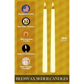 Ner Mitzvah White Beeswax Passover Seder Candles - 12 Hour Burn Time - Tall Beeswax Candles - Pack of 2 Bee Wax Taper Candles