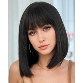 Creamily Short Black Bob Wigs 12" Straight with Flat Bangs Synthetic Colorful Cosplay Daily Party Wig for Women Natural As Real Hair+ Free Wig Cap (Natural Black)