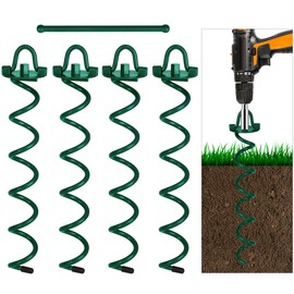 FEED GARDEN 16 Inch Spiral Ground Anchors Heavy Duty Screw in Spiral Stakes, 4 Pack Folding Ring Ground Stakes for Securing Dogs,Tents, Trampolines, Canopies, Swing Sets,Green
