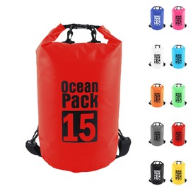 Dry Bag 15L, Boat Dry Bags Red Waterproof Bag Dry Sack Roll Top Long Adjustable Shoulder Strap 2L/5L/10L/20L/30L/40L for Drifting Boating Kayaking Fishing Rafting Swimming Camping Canoeing Surfing