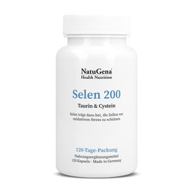 NatuGena Selen 200, 200 µg Selen pro Kapsel, 130 mg Taurin pro Kapsel, 100 mg L-Cystein pro Kapsel, 100% vegan, laktose- und glutenfrei, 120 Kapseln