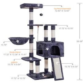 Heybly Cat Tree, Cat Tower for Indoor Cats with Scratching Board, Multi-Level Cat Furniture Condo with Feeding Bowl Smoky Gray HCT010MG
