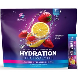 Electrolyte Hydration Packets - Best Electrolytes Drink Mix - Sugar Free Formula with Sodium, Potassium, Magnesium, Zinc & Vitamin C for Dehydration Relief and Rehydration, Strawberry Lemon (32 Pack)