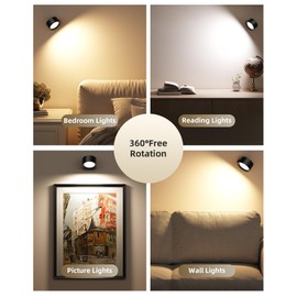 Ametheus LED Wall Mounted Lights,Rechargeable Wall Sconces Lamp for Bedroom,3 Color Temps & Remote and Touch Control,360°Rotation Dimmable Cordless (2 Pack)