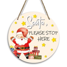 Christmas Hanging Door Wall Decor Wooden Plaque, Santa Please Stop Here Sign, Santa Claus Pattern, 8 Inch Round Merry Christmas Office House Decor Hanging Art Sign, Xmas Theme Party Decor Supplies -20