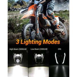 BICYACO Dirt Bike Headlight, 66W 3000LM DOT LED Headlight with DRL High Low Beam, Compatible with Enduro Motorcycle Pit Bike ATV EXC XCW SXF SX 125 250 300 350 450 500 530 SMC R 690 Supermoto