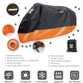 XYZCTEM Motorcycle Cover – All Season Waterproof Outdoor Protection – Fit up to 118 inch Tour Bikes, Choppers and Cruisers – Protect Against Dust, Debris, Rain and Weather(Black& Orange)